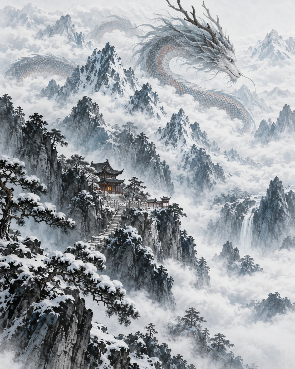 冷色水墨雪山间，隐寺灯火微明，烛龙盘绕云海